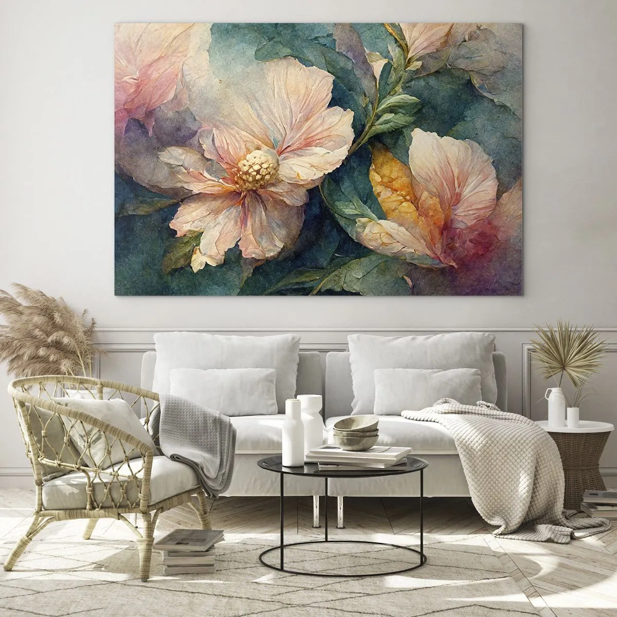 Schilderen op glas - Delicate bloemen in pastel aquareltinten - 70x50cm - Gewoon subtiliteit - Moderne wanddecoratie voor woonkamer en slaapkamer ARTTOR