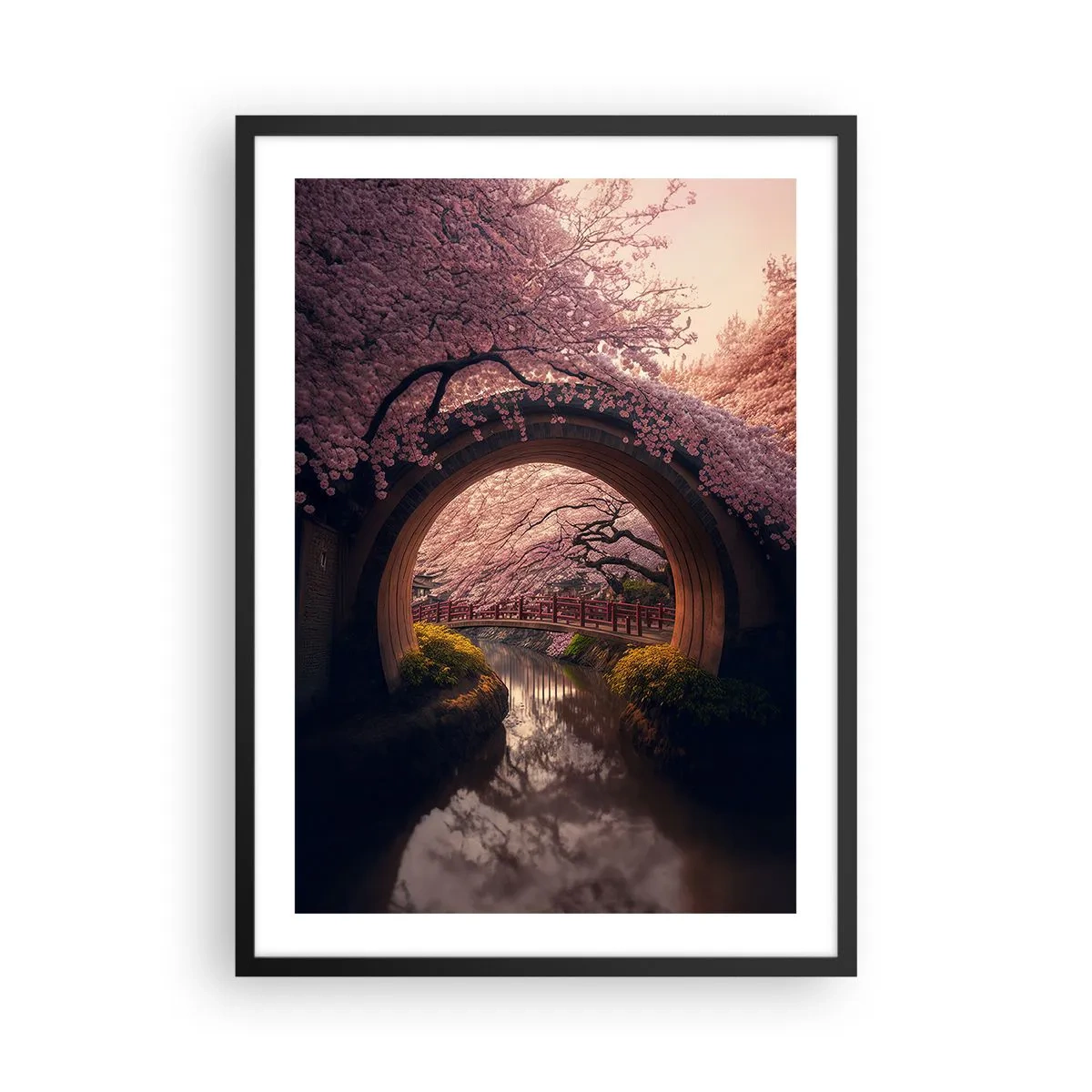 Poster in een zwarte lijst - Een romantische brug tussen kersenbloesems - 50x70cm - Japanse lente - Moderne wanddecoratie voor woonkamer en slaapkamer ARTTOR