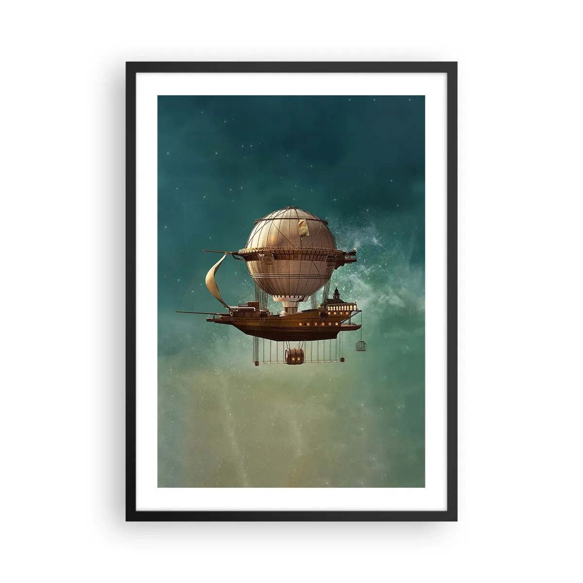 Poster in een zwarte lijst - Een fantastisch luchtschip dat tussen de sterren zweeft - 50x70cm - Jules Verne groet - Moderne wanddecoratie voor woonkamer en slaapkamer ARTTOR