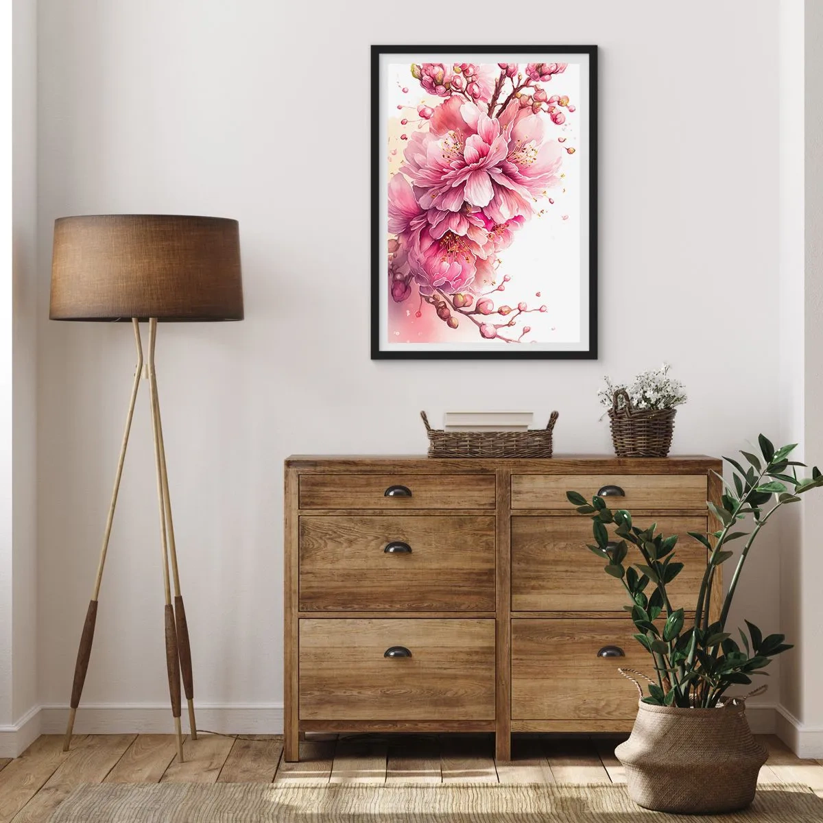 Poster in een zwarte lijst - Tedere roze kersenbloesems in volle bloei tegen een lichte achtergrond - 50x70cm - Kersenbloesem - Moderne wanddecoratie voor woonkamer en slaapkamer ARTTOR