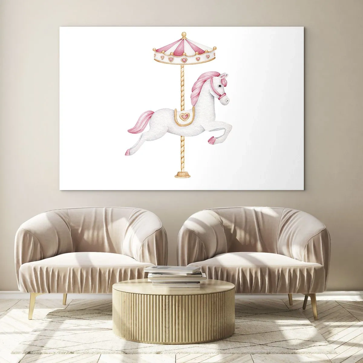 Schilderen op glas - Roze en wit draaimolenpaard op een witte achtergrond - 70x50cm - Hij raakte de grond rennend - Moderne wanddecoratie voor woonkamer en slaapkamer ARTTOR
