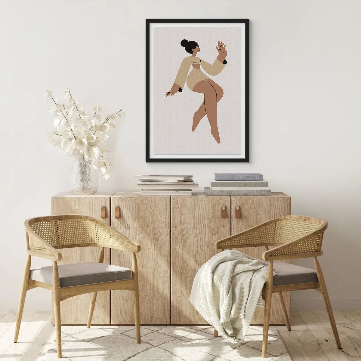 Poster in een zwarte lijst - Een minimalistische illustratie van een bewegende vrouwenfiguur. - 50x70cm - Een sierlijke vorm - Moderne wanddecoratie voor woonkamer en slaapkamer ARTTOR