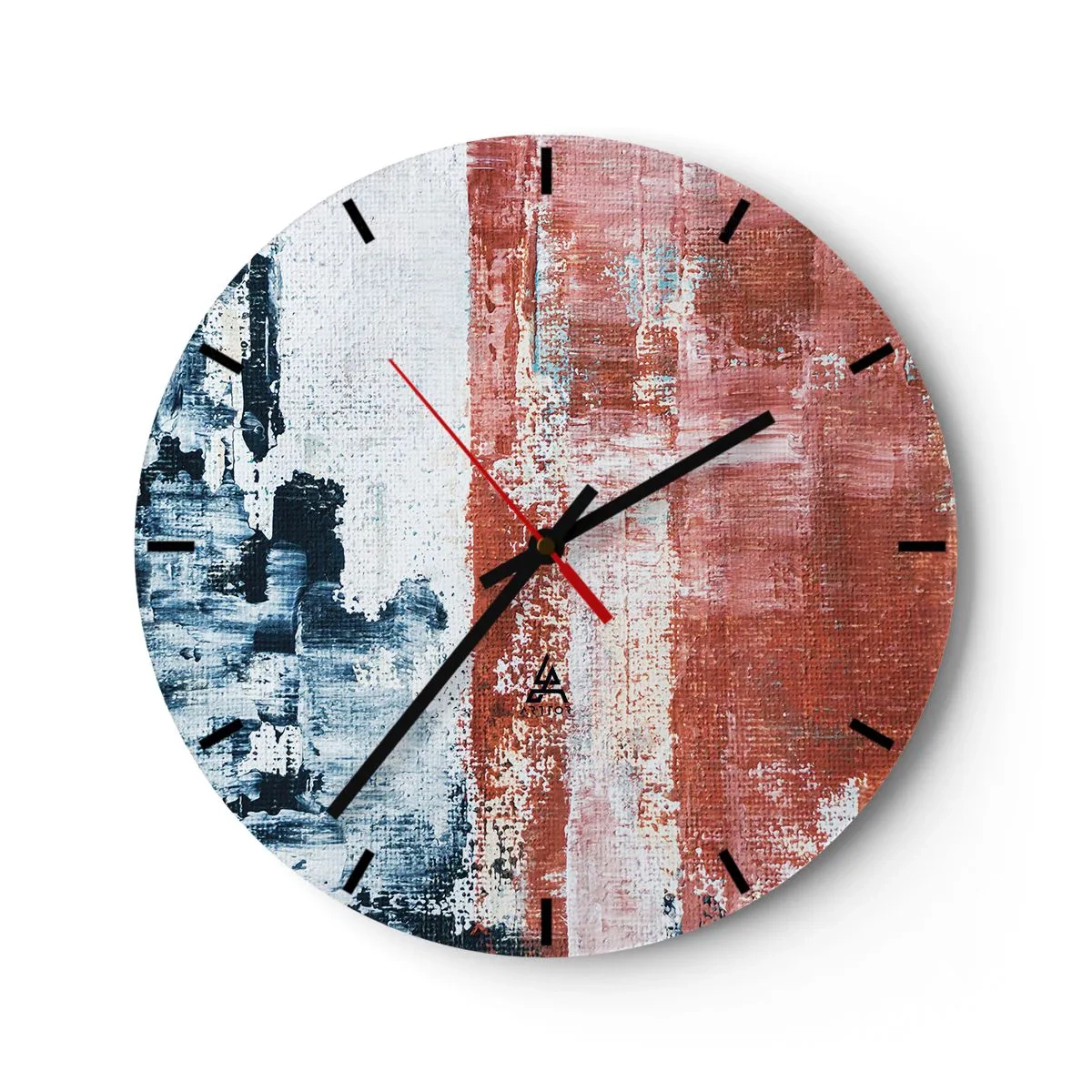 Wandklok - Klok - Abstracte compositie in tinten blauw en rood - 30x30cm - Fifty Fifty abstract - Moderne wanddecoratie voor woonkamer, keuken en slaapkamer ARTTOR