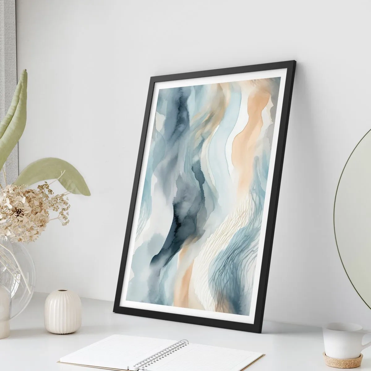 Poster in een zwarte lijst - Abstracte golven in tinten beige en marineblauw - 50x70cm - Besneeuwde en mistige abstractie - Moderne wanddecoratie voor woonkamer en slaapkamer ARTTOR