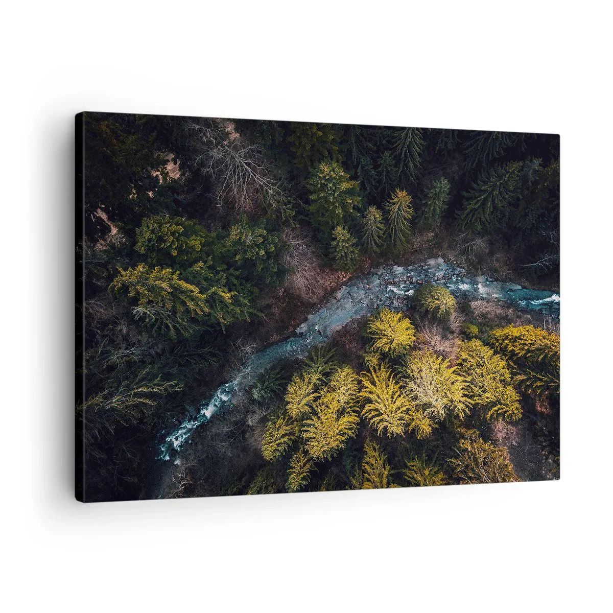 Schilderen op canvas - Een blik van bovenaf op een bos met een kronkelende rivier - 70x50cm - Snel, sneller en sneller - Moderne wanddecoratie voor woonkamer en slaapkamer ARTTOR