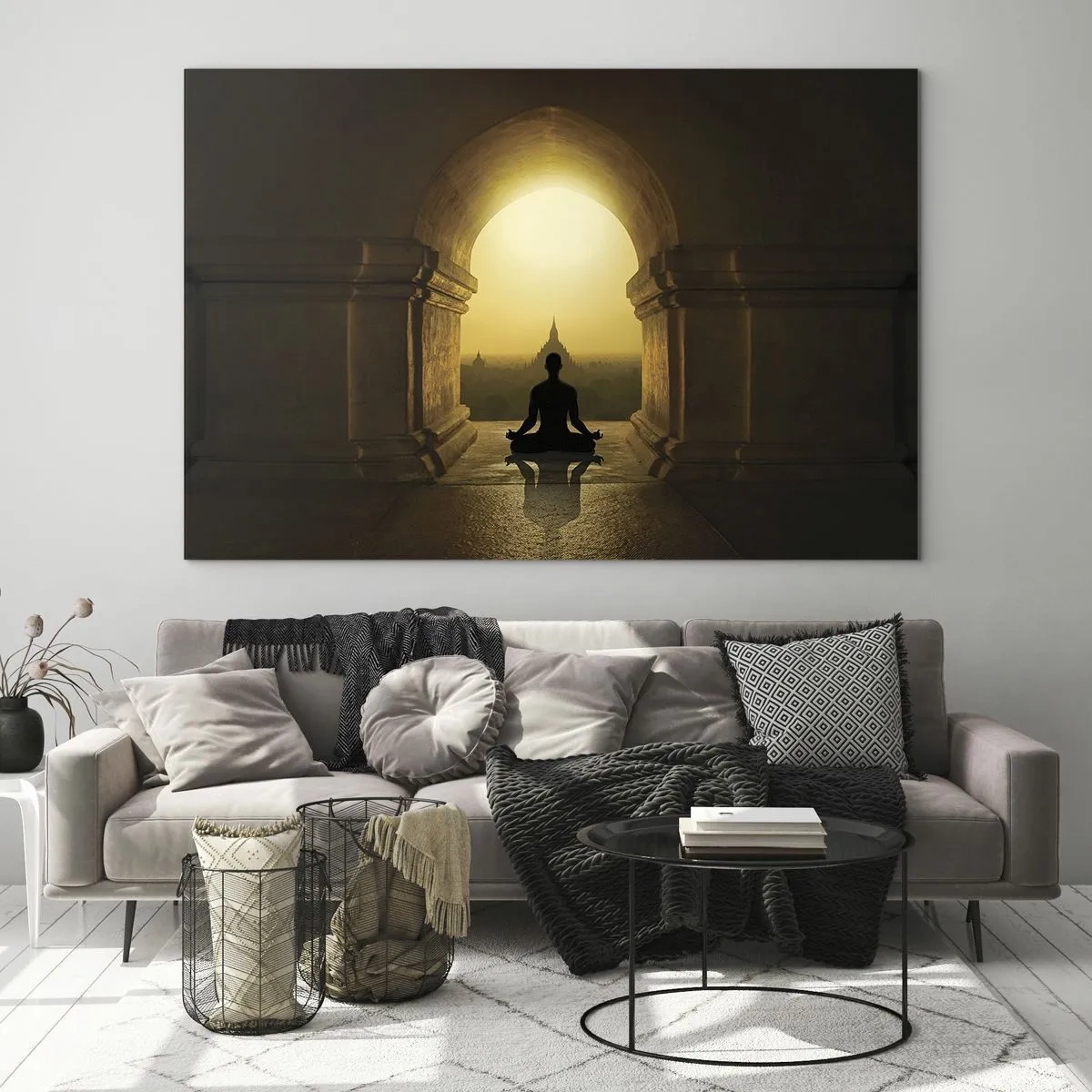 Schilderen op glas - Silhouet van een mediterende persoon in het licht van de ondergaande zon in een architectonische boog - 70x50cm - Volledige harmonie - Moderne wanddecoratie voor woonkamer en slaapkamer ARTTOR
