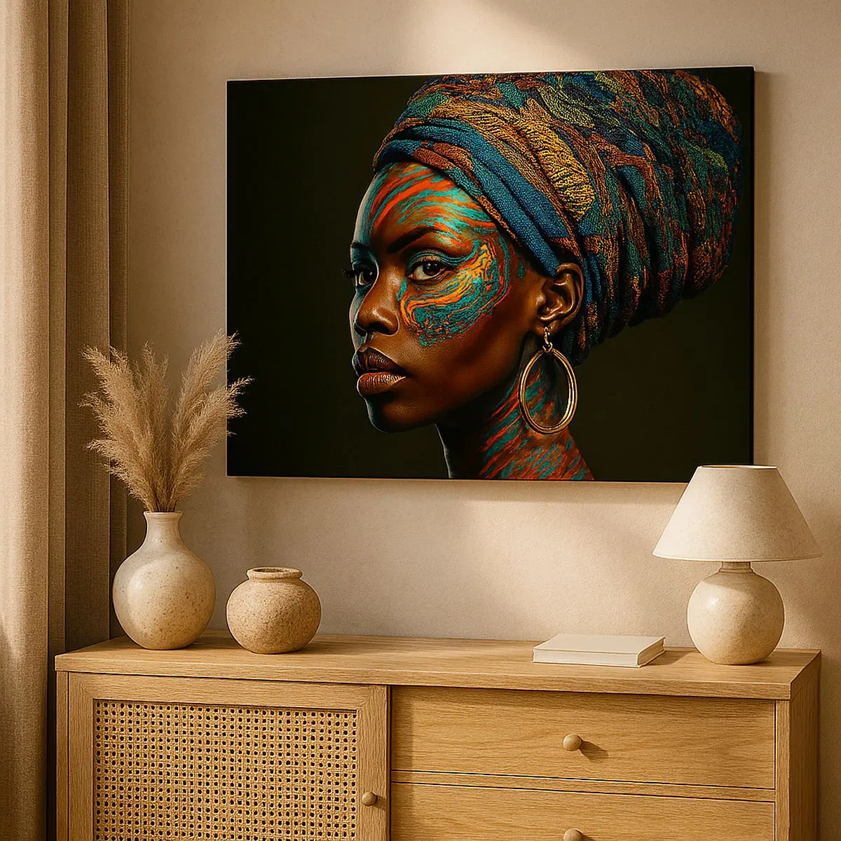 Schilderen op canvas - Portret van een vrouw met een kleurrijk patroon en een tulband - 70x50cm - Afrikaanse koningin - Moderne wanddecoratie voor woonkamer en slaapkamer ARTTOR