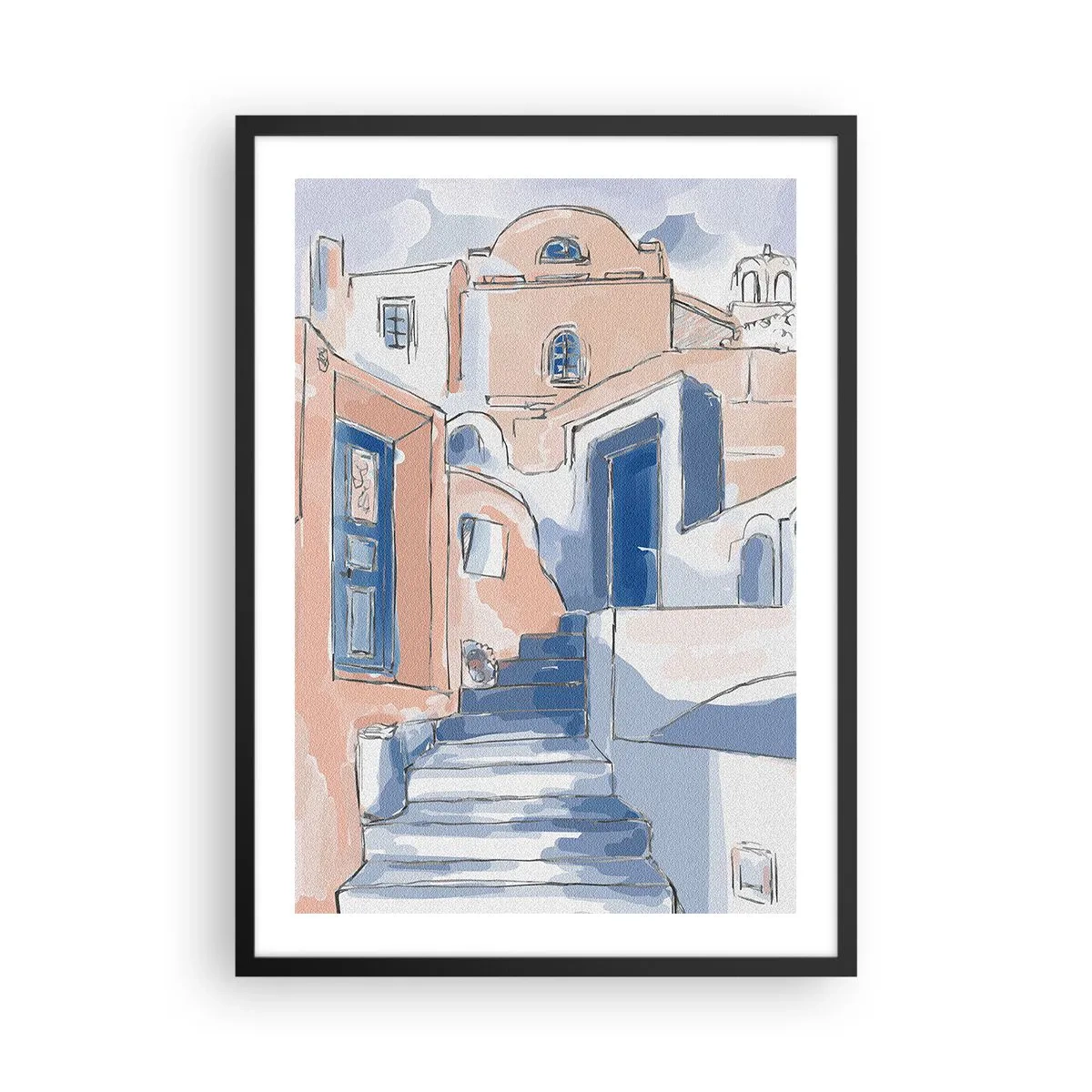 Poster in een zwarte lijst - Een pittoresk straatje in mediterrane stijl in blauwtinten - 50x70cm - Exotische stad - Moderne wanddecoratie voor woonkamer en slaapkamer ARTTOR