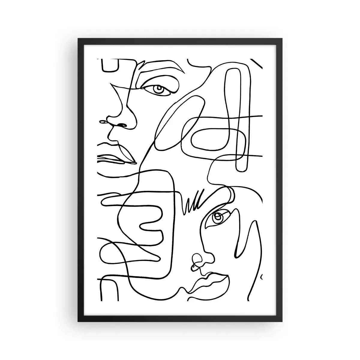 Poster in een zwarte lijst - Abstracte gezichten getekend met één lijn - 50x70cm - In verwarde emoties - Moderne wanddecoratie voor woonkamer en slaapkamer ARTTOR