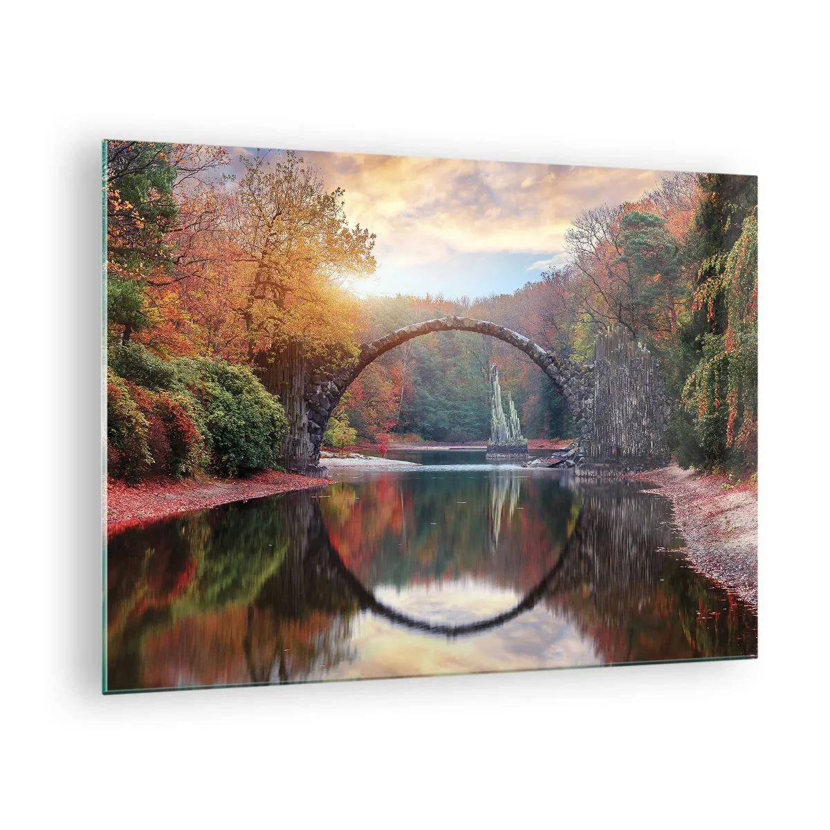 Schilderen op glas - Een stenen brug weerspiegeld in een meer te midden van een herfstbos - 70x50cm - Aan de andere kant van de spiegel - Moderne wanddecoratie voor woonkamer en slaapkamer ARTTOR
