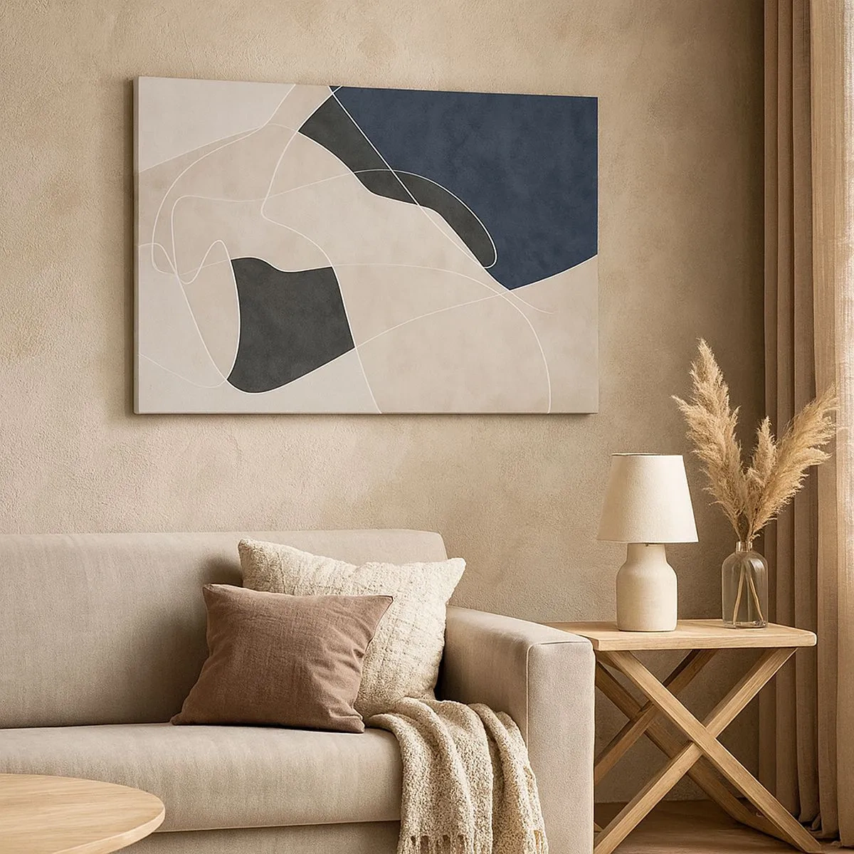 Schilderen op canvas - Geometrische abstractie in tinten beige en marineblauw - 70x50cm - Abstracte compositie – kleurcontrast - Moderne wanddecoratie voor woonkamer en slaapkamer ARTTOR