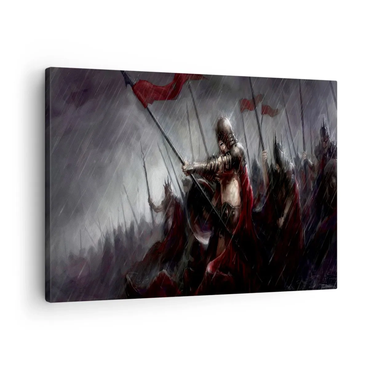 Schilderen op canvas - Ridders marcheren in de regen naar het slagveld - 70x50cm - Voorbijganger, vertel Sparta... - Moderne wanddecoratie voor woonkamer en slaapkamer ARTTOR