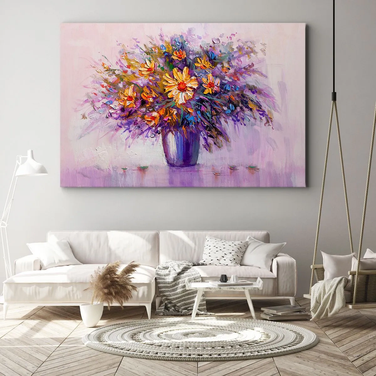 Schilderen op canvas - Een boeket bloemen in een vaas op een pastelkleurige achtergrond - 70x50cm - Het ruikt zoet, ziet er zoet uit - Moderne wanddecoratie voor woonkamer en slaapkamer ARTTOR