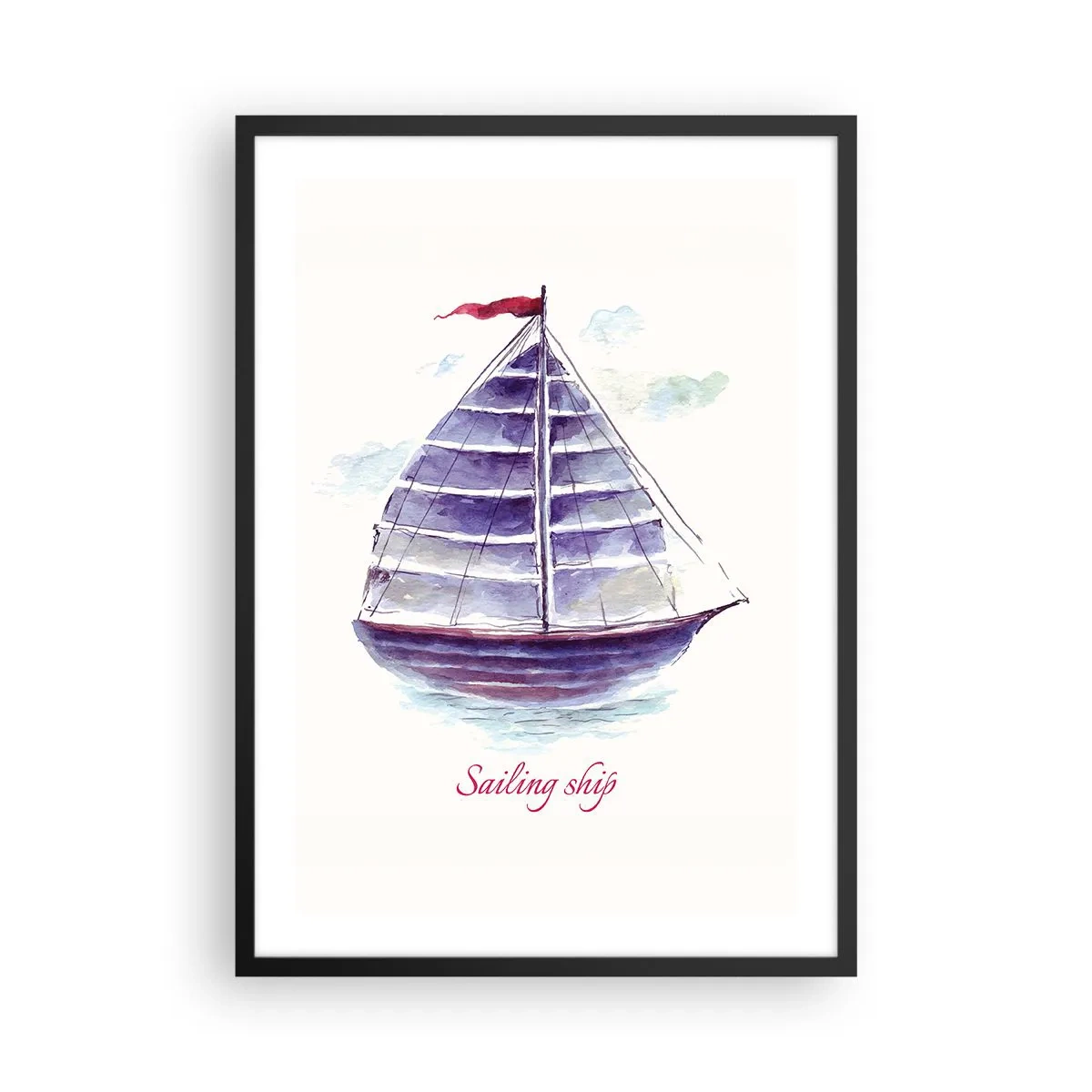 Poster in een zwarte lijst - Aquarelillustratie van een zeilschip op kalm water - 50x70cm - Volle zeilen en rustig water - Moderne wanddecoratie voor woonkamer en slaapkamer ARTTOR