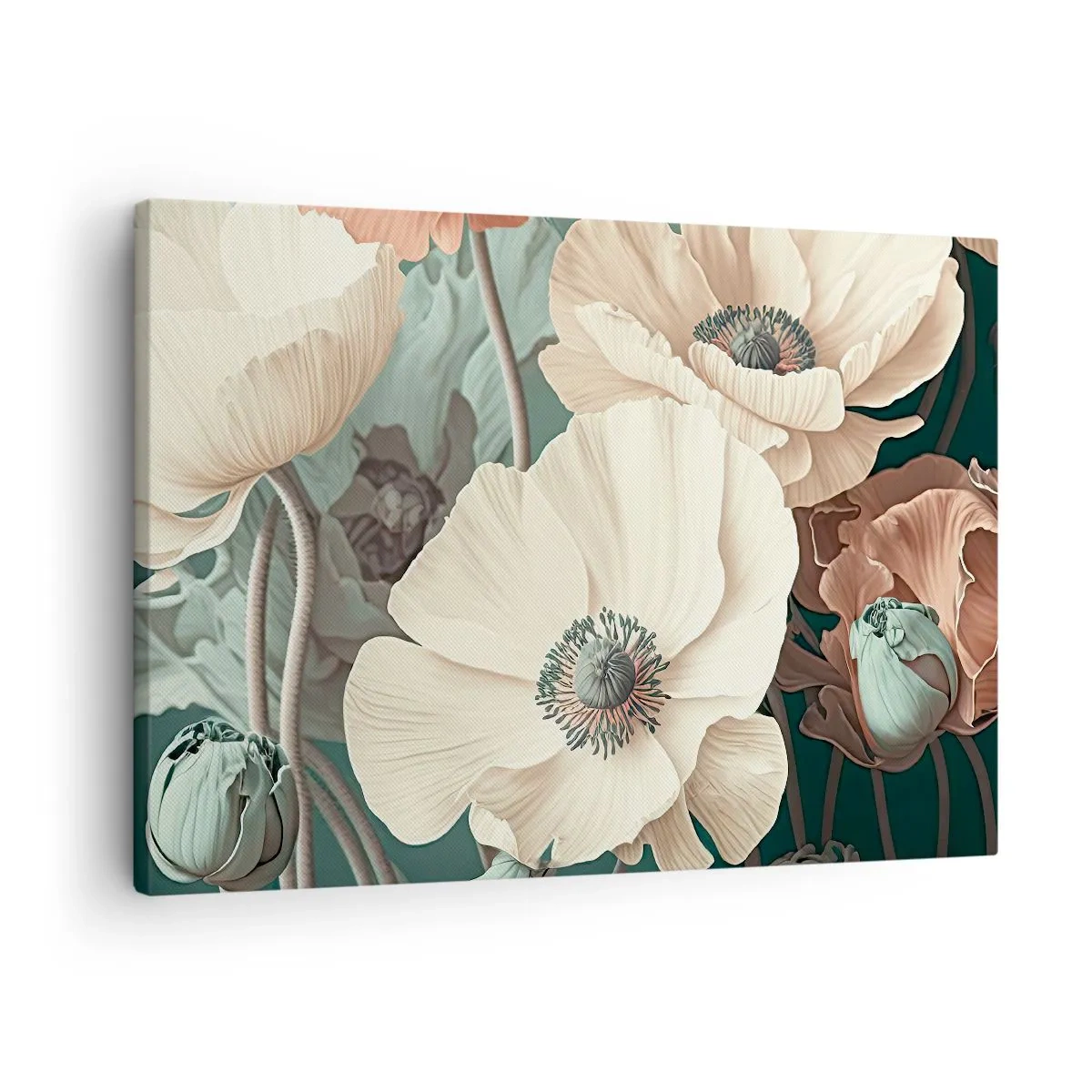 Schilderen op canvas - Elegante bloemen in pasteltinten op een groene achtergrond - 70x50cm - Het gefluister van klaprozen - Moderne wanddecoratie voor woonkamer en slaapkamer ARTTOR