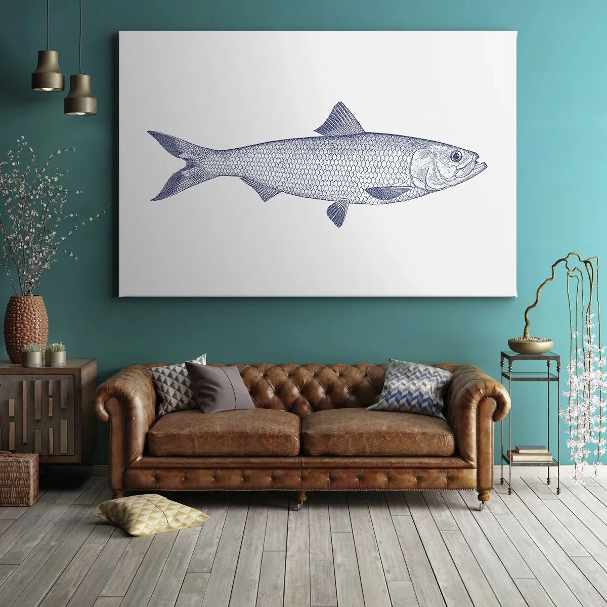 Schilderen op canvas - Illustratie van een vis in blauwtinten op een lichte achtergrond - 70x50cm - Groeten uit de noordelijke zeeën - Moderne wanddecoratie voor woonkamer en slaapkamer ARTTOR