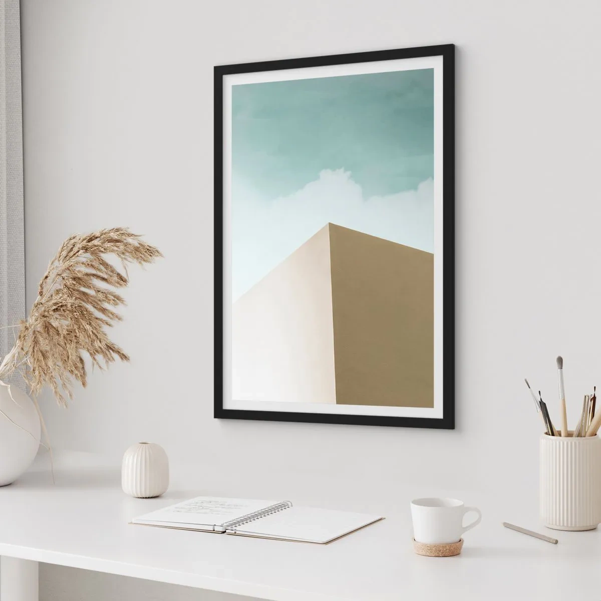 Poster in een zwarte lijst - Een minimalistisch gebouw met een delicate lucht - 50x70cm - De geometrie van een zonnige zomer - Moderne wanddecoratie voor woonkamer en slaapkamer ARTTOR