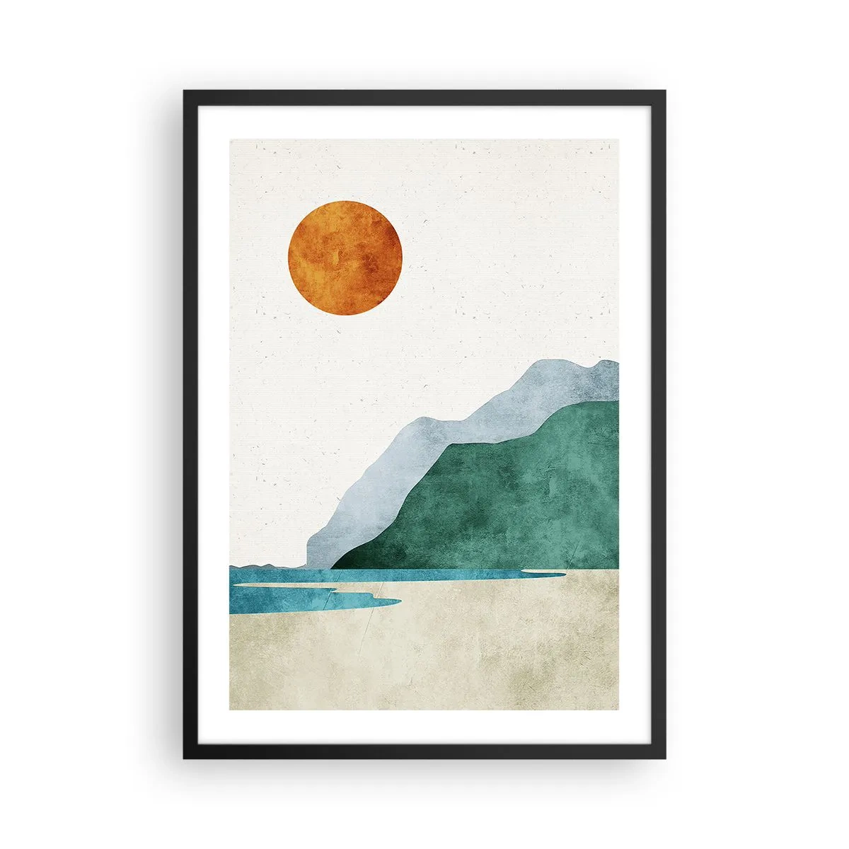 Poster in een zwarte lijst - Minimalistisch berglandschap met strand en zon - 50x70cm - Landschap zoals het hoort te zijn - Moderne wanddecoratie voor woonkamer en slaapkamer ARTTOR
