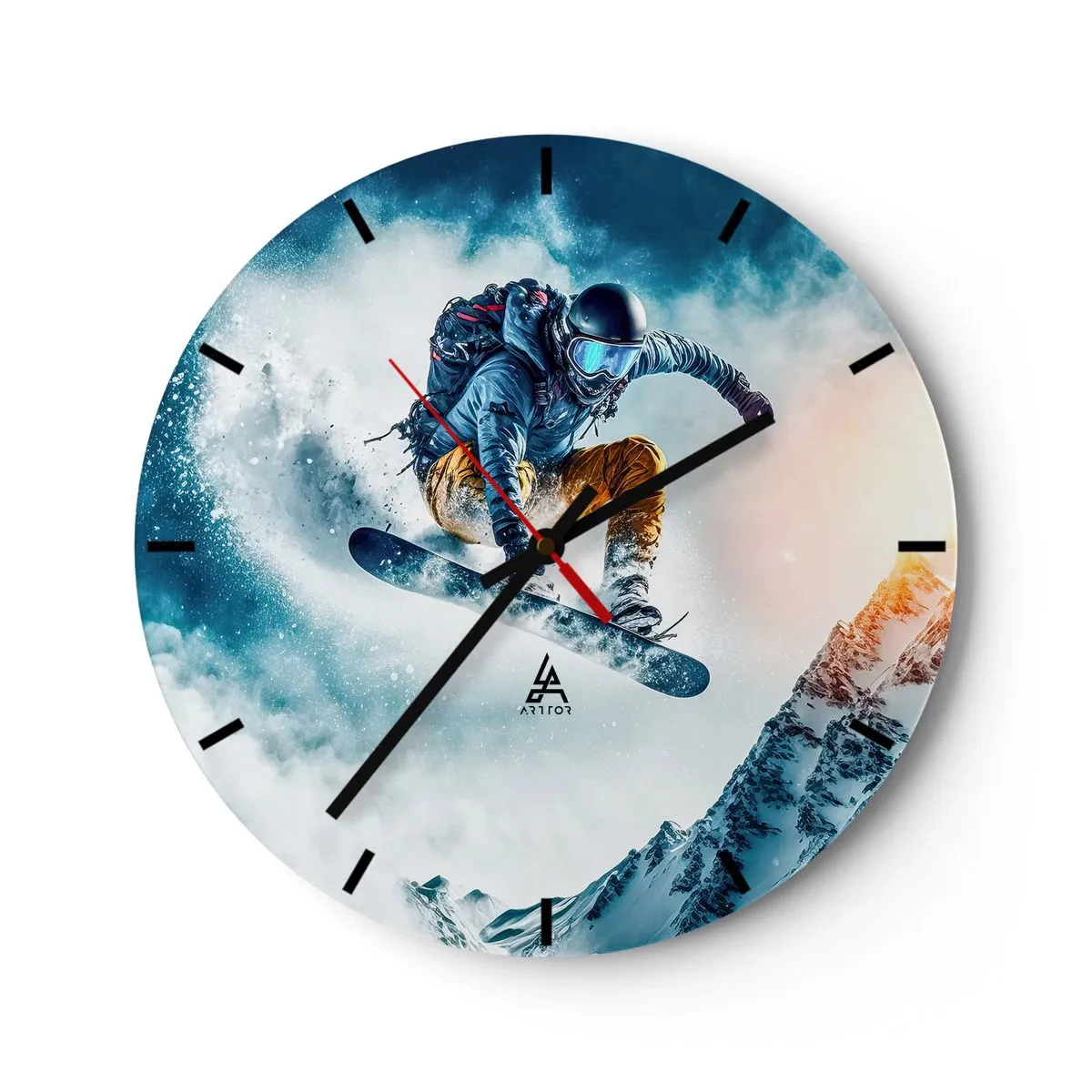 Wandklok - Klok - Een snowboarder in vlucht tegen de achtergrond van bergen en een sneeuwstorm - 30x30cm - Extreme emoties - Moderne wanddecoratie voor woonkamer, keuken en slaapkamer ARTTOR
