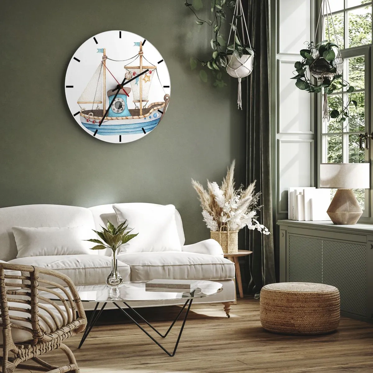 Wandklok - Klok - Geïllustreerde kinderzeilboot met nautische decoraties - 30x30cm - Ahoi, avontuur! - Moderne wanddecoratie voor woonkamer, keuken en slaapkamer ARTTOR