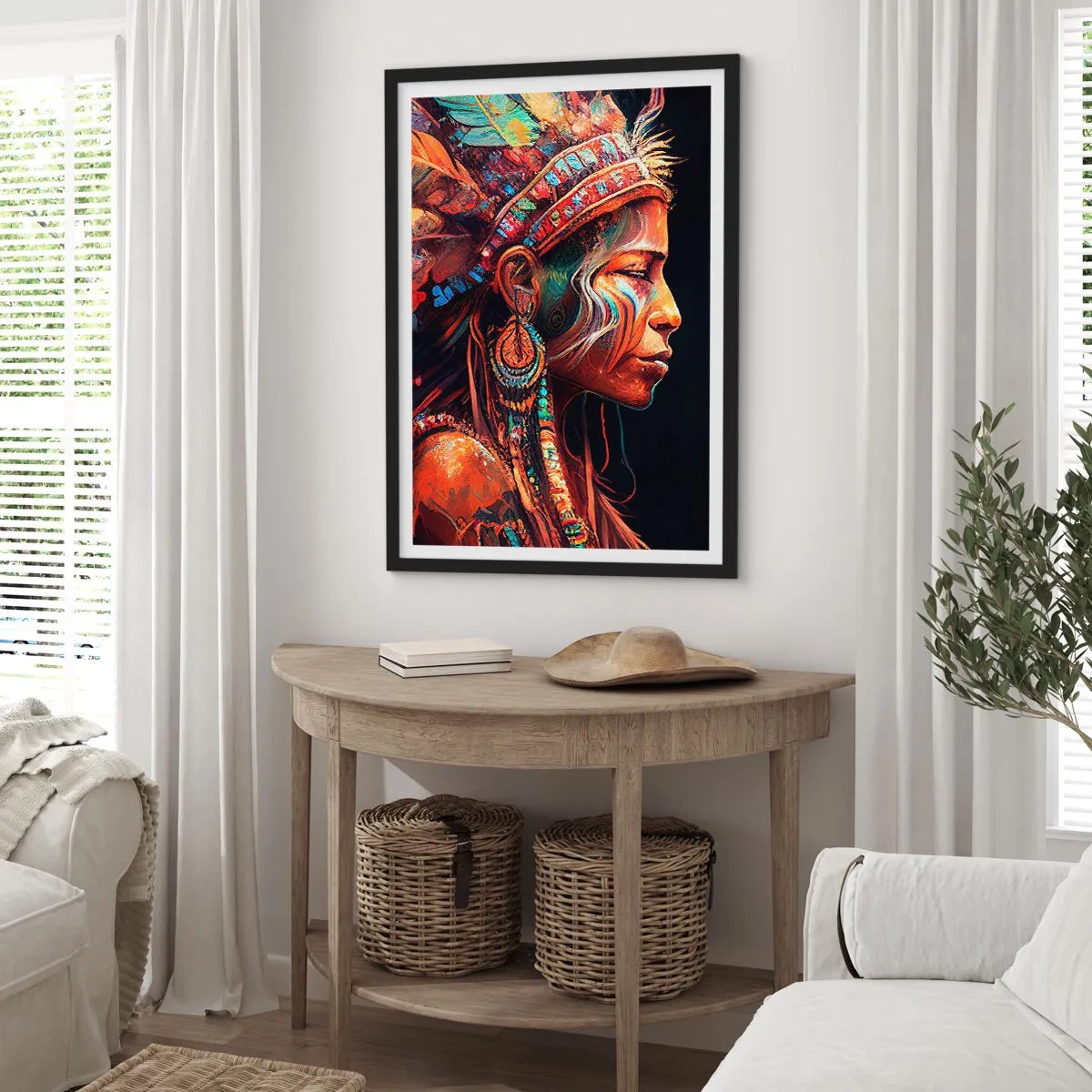 Poster in een zwarte lijst - Portret van een vrouw met een traditionele verentooi - 50x70cm - Magisch ritueel - Moderne wanddecoratie voor woonkamer en slaapkamer ARTTOR