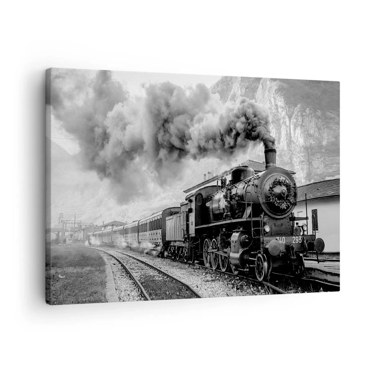 Schilderen op canvas - Een zwart-witte stoomlocomotief tegen een berglandschap - 70x50cm - Staat op het station... - Moderne wanddecoratie voor woonkamer en slaapkamer ARTTOR