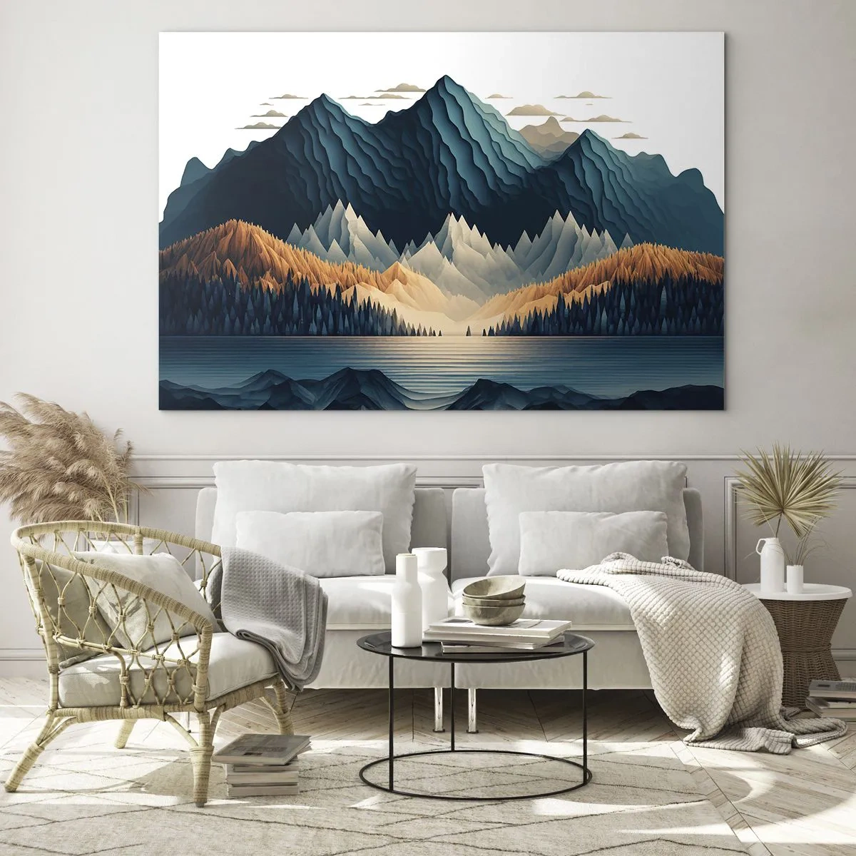 Schilderen op glas - Gestileerd berglandschap met bos en meer - 70x50cm - Perfect berglandschap - Moderne wanddecoratie voor woonkamer en slaapkamer ARTTOR