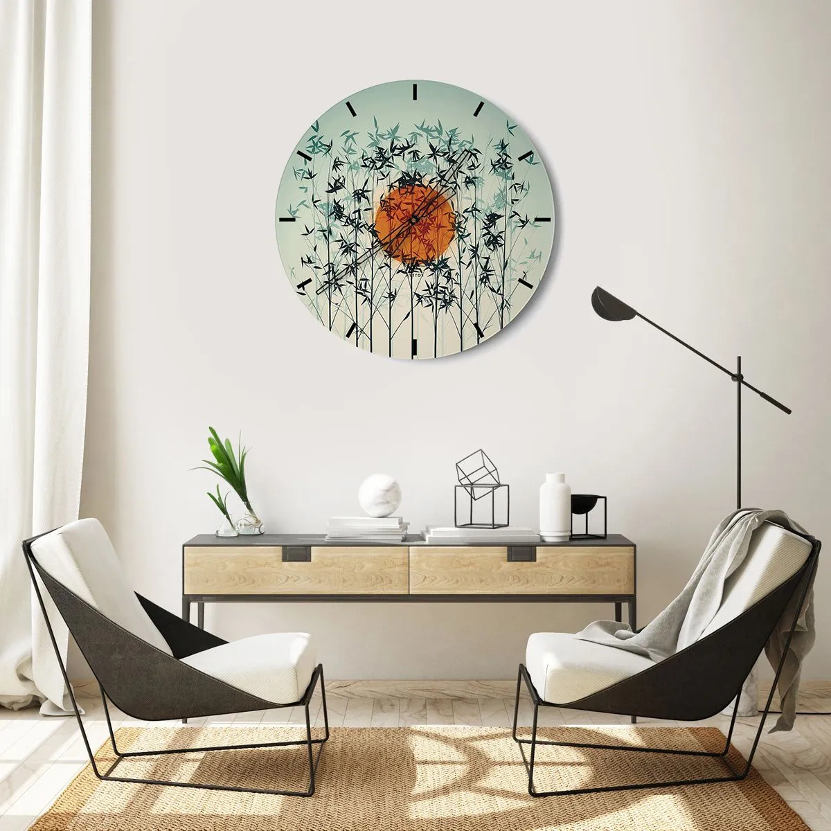 Wandklok - Klok - Bamboebladeren tegen de oranje zon en de heldere lucht - 30x30cm - Japanse zon - Moderne wanddecoratie voor woonkamer, keuken en slaapkamer ARTTOR