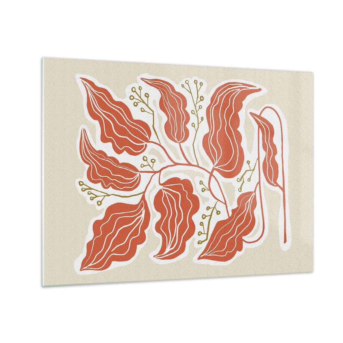 Schilderen op glas - Koraalbladeren met een volkspatroon op een lichte achtergrond - 70x50cm - Folk en koraal - Moderne wanddecoratie voor woonkamer en slaapkamer ARTTOR