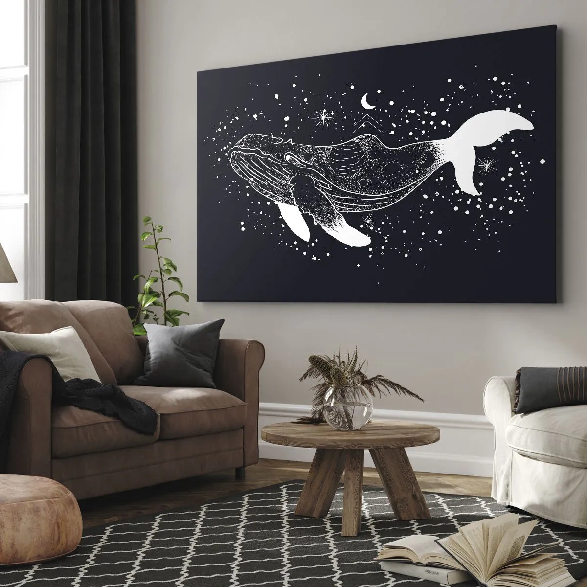 Schilderen op canvas - Een grafische illustratie van een walvis in ruimtetijdperkstijl. - 70x50cm - In de oceaan van het universum - Moderne wanddecoratie voor woonkamer en slaapkamer ARTTOR