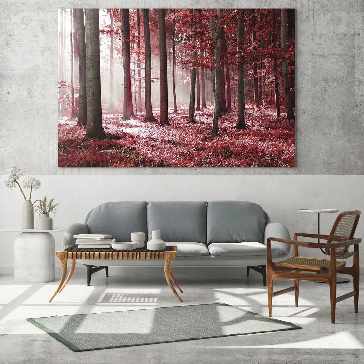 Schilderen op glas - Herfstbos in rode kleuren en ochtendmist - 70x50cm - Rood is net zo mooi - Moderne wanddecoratie voor woonkamer en slaapkamer ARTTOR