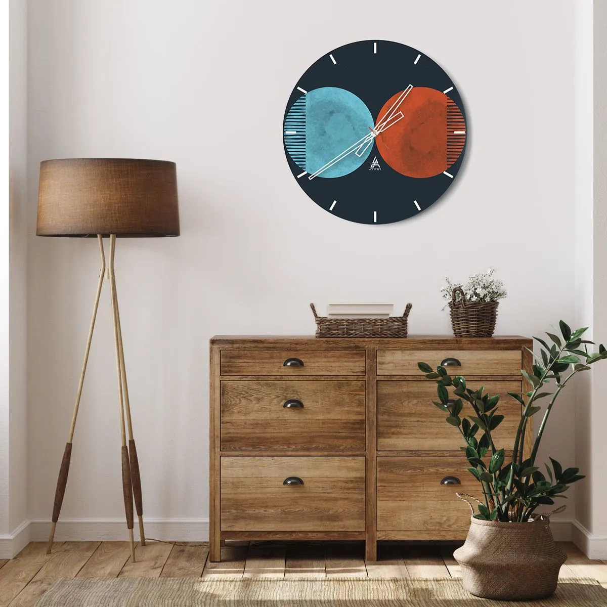 Wandklok - Klok - Een combinatie van blauwe en rode cirkels met geometrische lijnen - 30x30cm - Alleen geometrie? - Moderne wanddecoratie voor woonkamer, keuken en slaapkamer ARTTOR