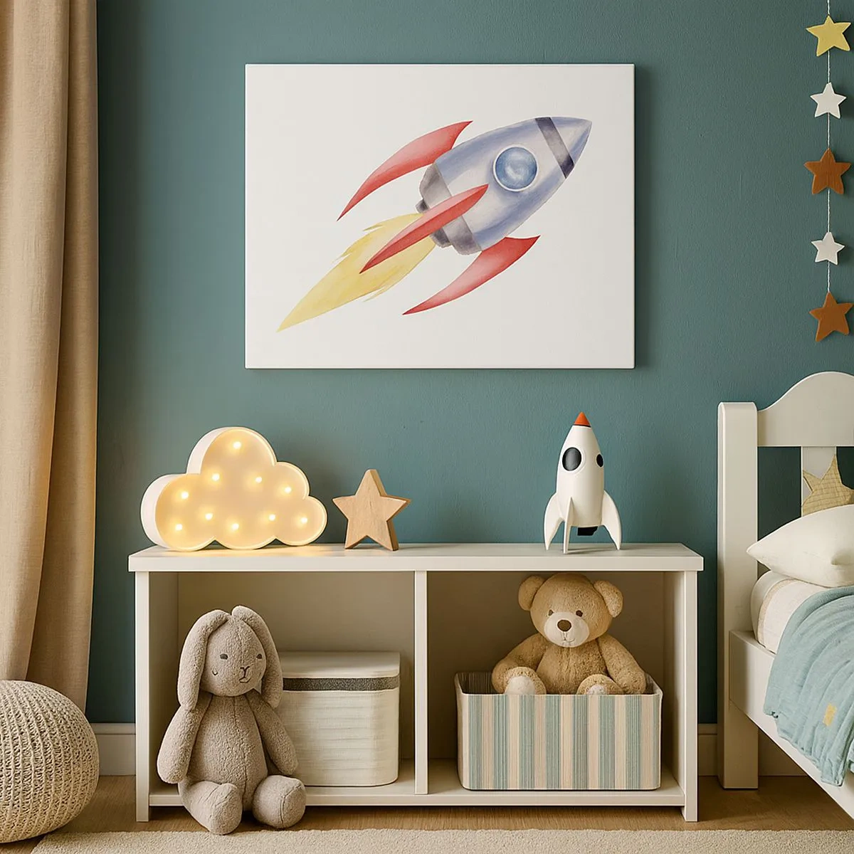 Schilderen op canvas - Raket in aquarelstijl op een witte achtergrond - 70x50cm - Hoger, sneller, verder - Moderne wanddecoratie voor woonkamer en slaapkamer ARTTOR