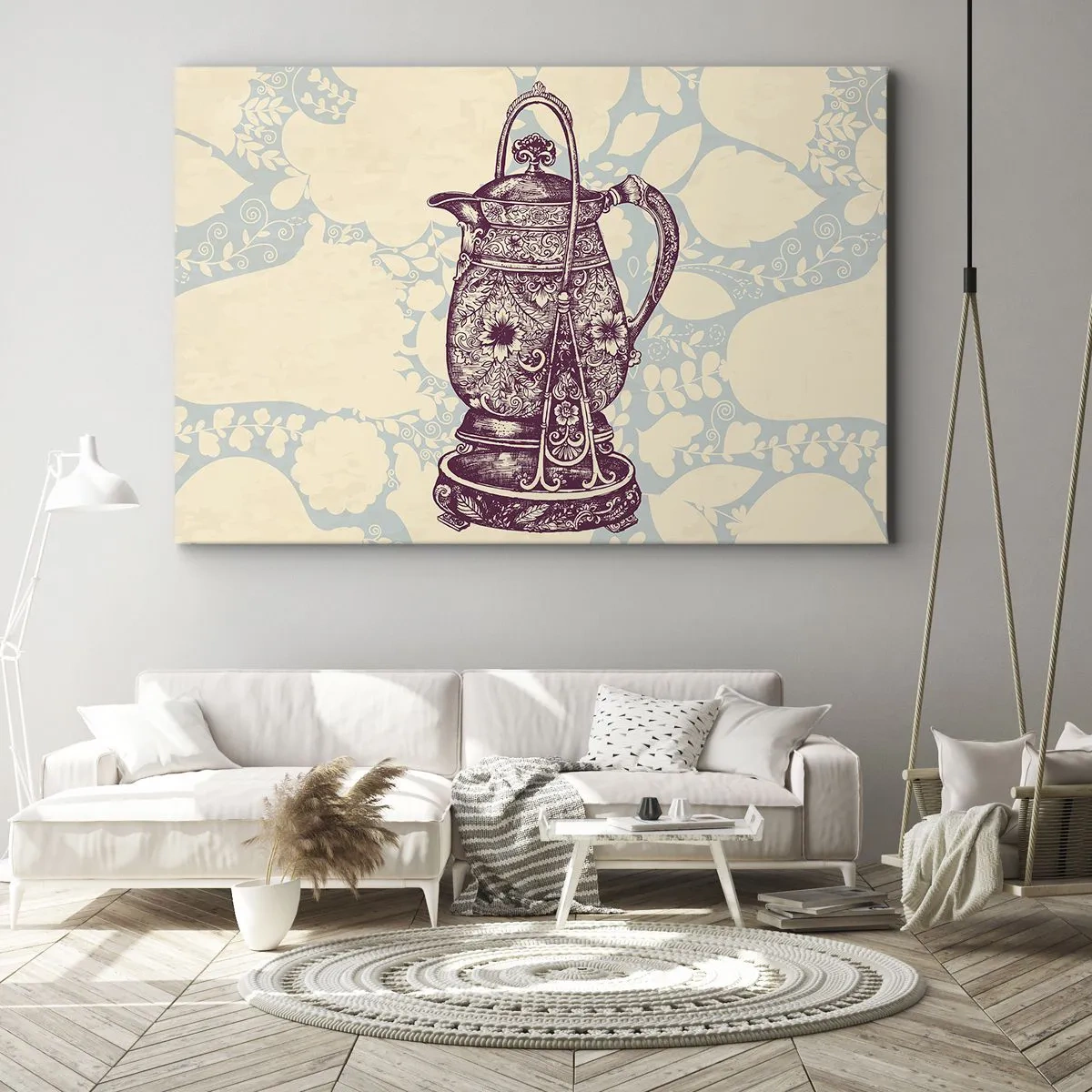 Schilderen op canvas - Gestileerde kruik met ornamenten op een florale achtergrond - 70x50cm - De schoonheid van het dagelijks leven - Moderne wanddecoratie voor woonkamer en slaapkamer ARTTOR