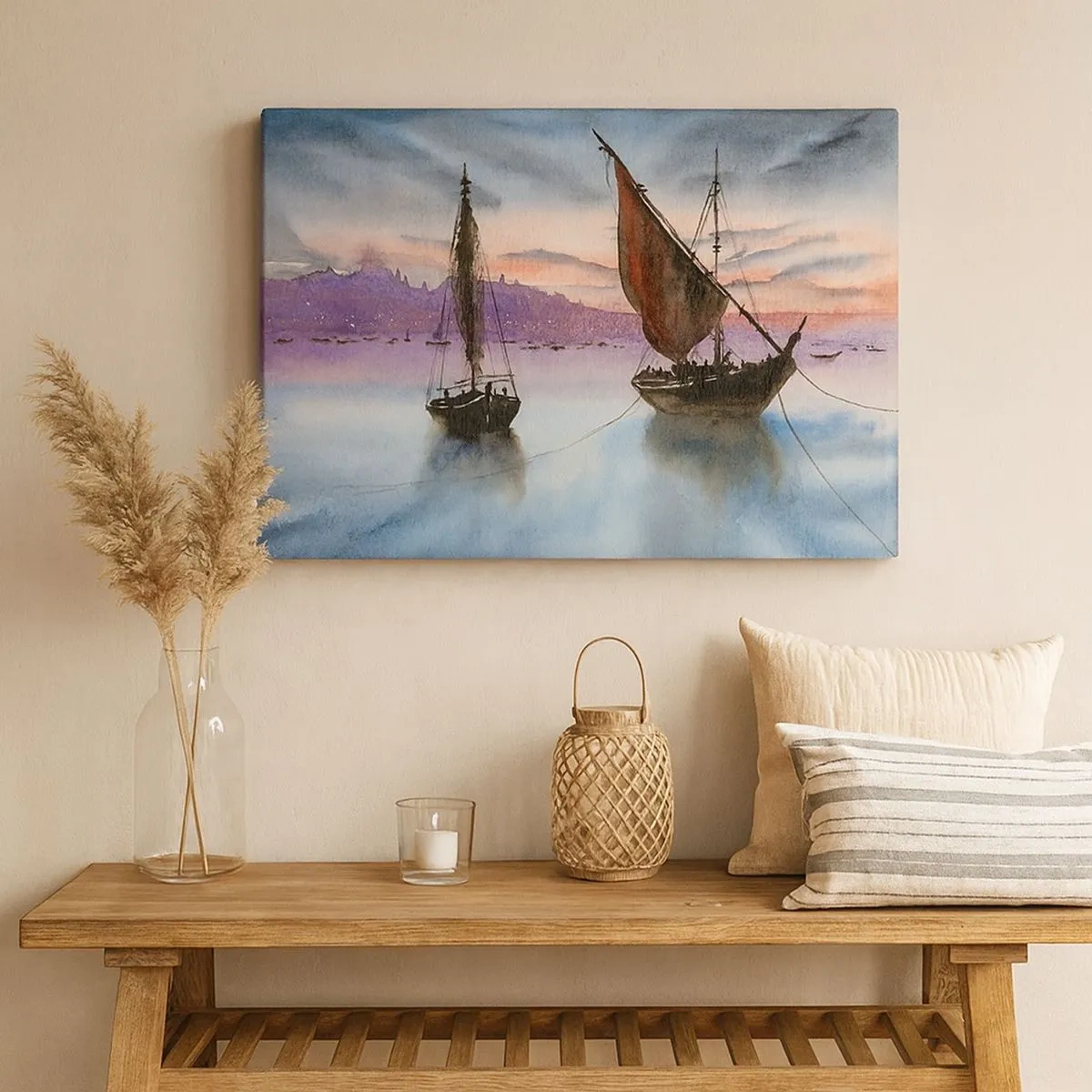 Schilderen op canvas - Twee zeilschepen aangemeerd op kalm water in de schemering - 70x50cm - Avond in de haven - Moderne wanddecoratie voor woonkamer en slaapkamer ARTTOR