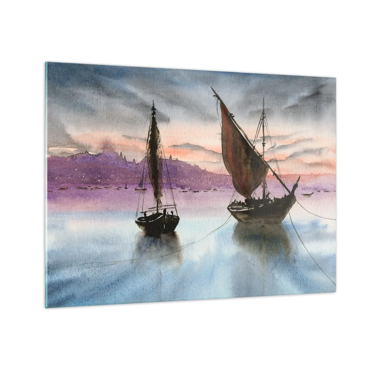 Schilderen op glas - Twee zeilboten op kalm water bij zonsondergang - 70x50cm - Avond in de haven - Moderne wanddecoratie voor woonkamer en slaapkamer ARTTOR