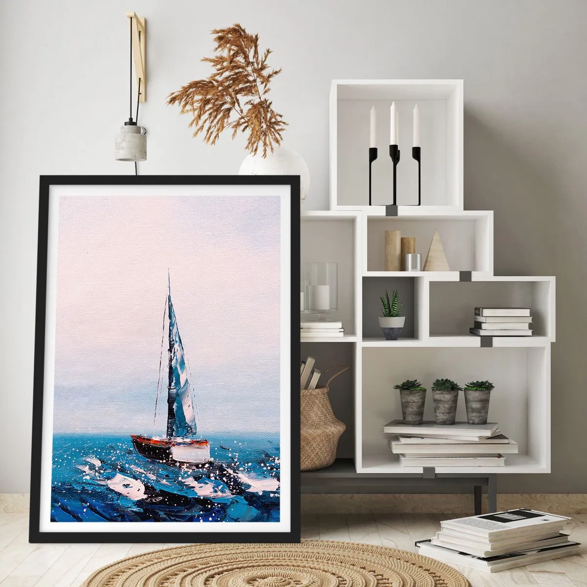 Poster in een zwarte lijst - Een zeilboot op een stormachtige oceaan in schilderachtige stijl - 50x70cm - Broederschap van de wind - Moderne wanddecoratie voor woonkamer en slaapkamer ARTTOR
