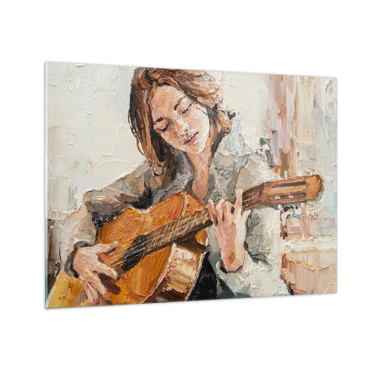 Schilderen op glas - Een meisje speelt gitaar in een impressionistische stijl - 70x50cm - Concerto voor gitaar en een meisjeshart - Moderne wanddecoratie voor woonkamer en slaapkamer ARTTOR