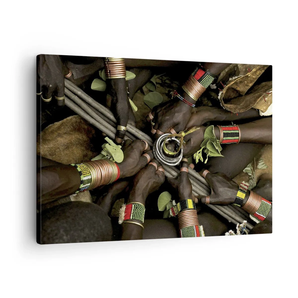 Schilderen op canvas - Traditionele handarmbanden in een groep handen - 70x50cm - Wij zijn samen - Moderne wanddecoratie voor woonkamer en slaapkamer ARTTOR