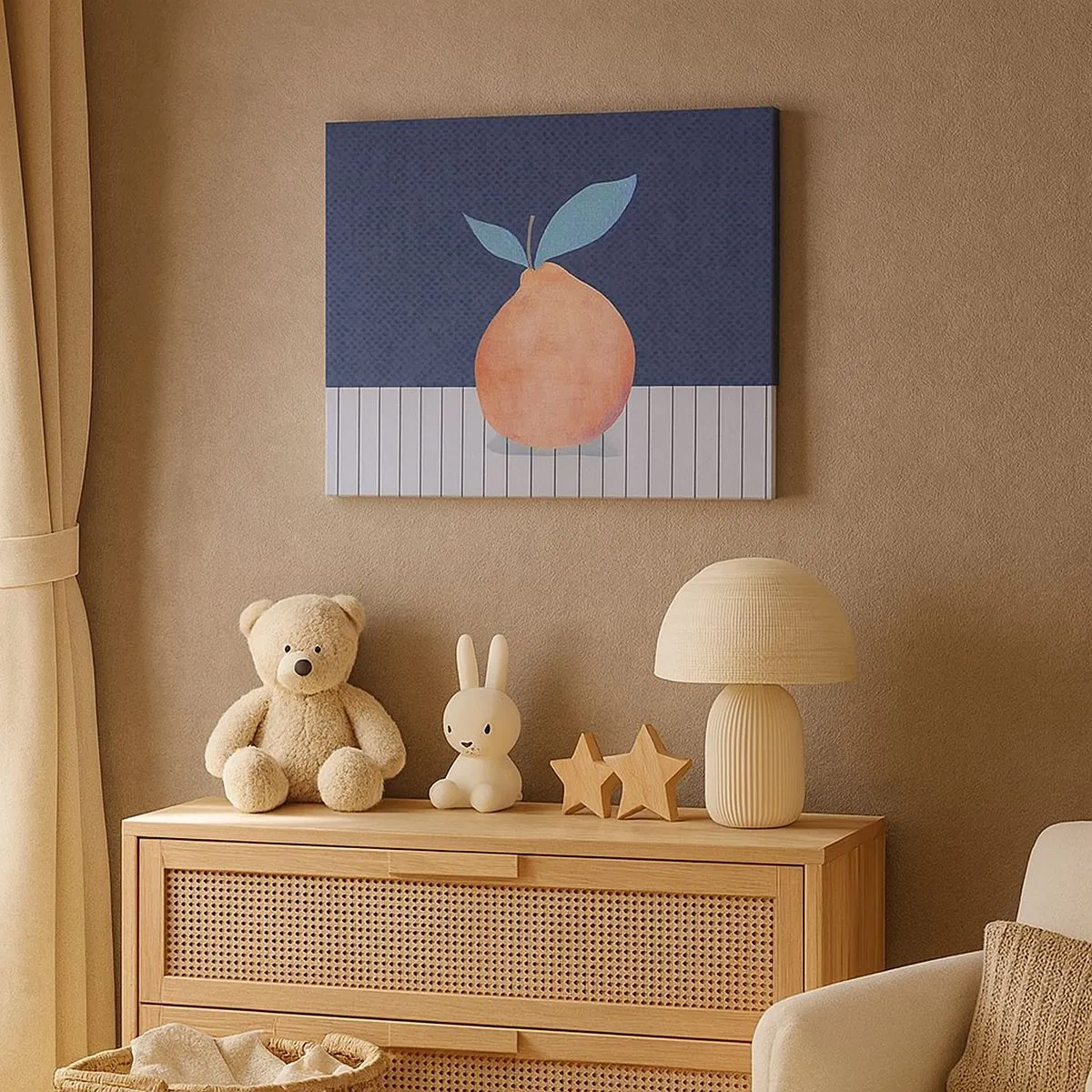 Schilderen op canvas - Abstract fruit tegen een achtergrond van contrasterende kleuren en rechte lijnen. - 70x50cm - Convexiteit en vlak - Moderne wanddecoratie voor woonkamer en slaapkamer ARTTOR