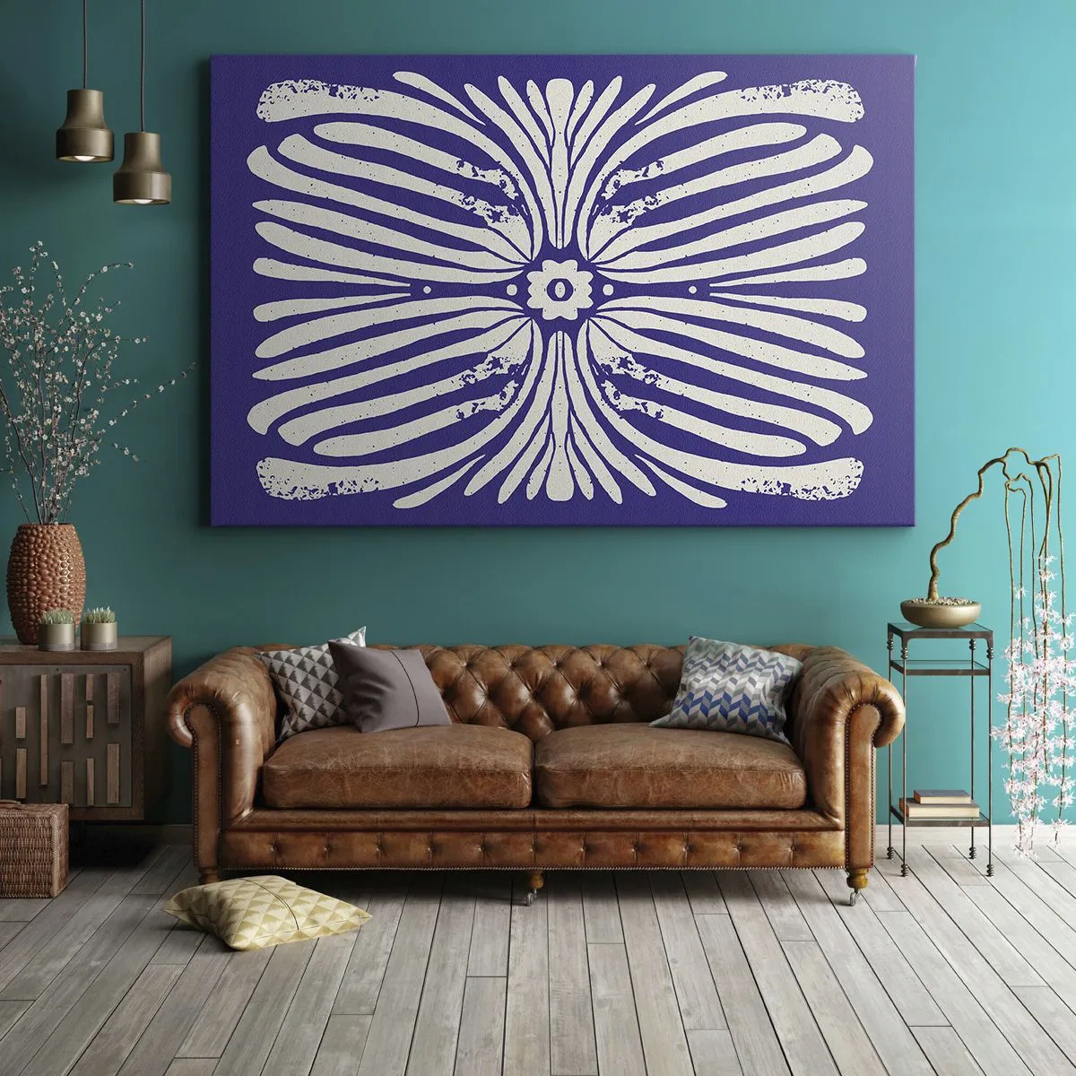 Schilderen op canvas - Etnisch patroon in tinten paars en wit - 70x50cm - Etnische inspiraties - Moderne wanddecoratie voor woonkamer en slaapkamer ARTTOR