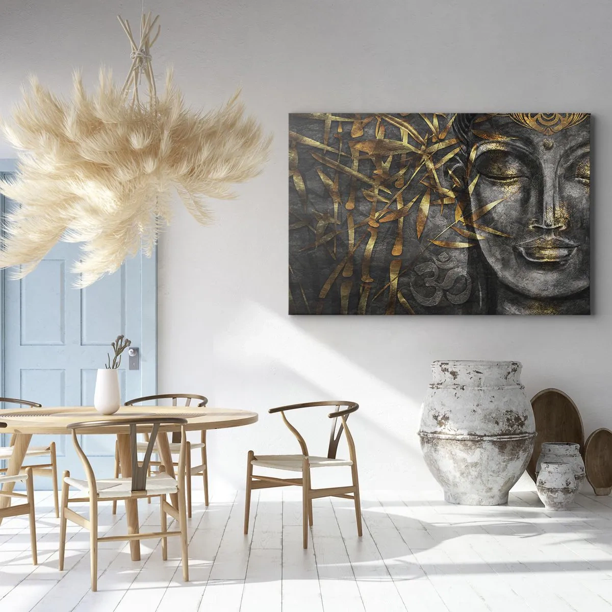 Schilderen op canvas - Zen Boeddhabeeld met gouden bamboe - 70x50cm - Voel de rust - Moderne wanddecoratie voor woonkamer en slaapkamer ARTTOR