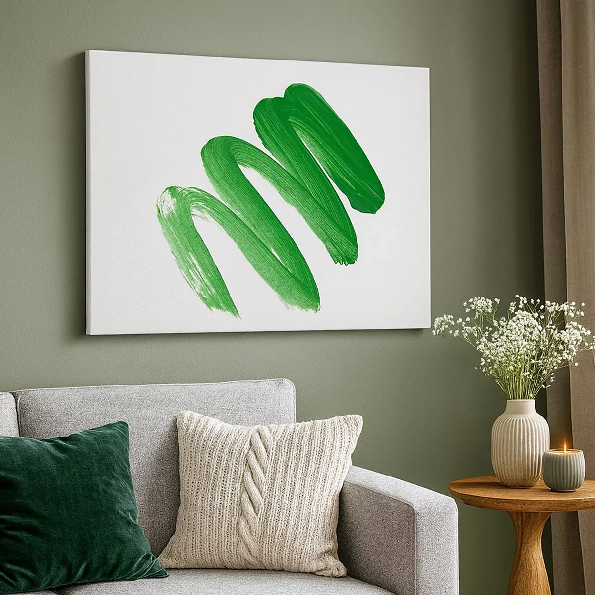 Schilderen op canvas - Groene abstracte penseelstreek op witte achtergrond - 70x50cm - Groene grap - Moderne wanddecoratie voor woonkamer en slaapkamer ARTTOR