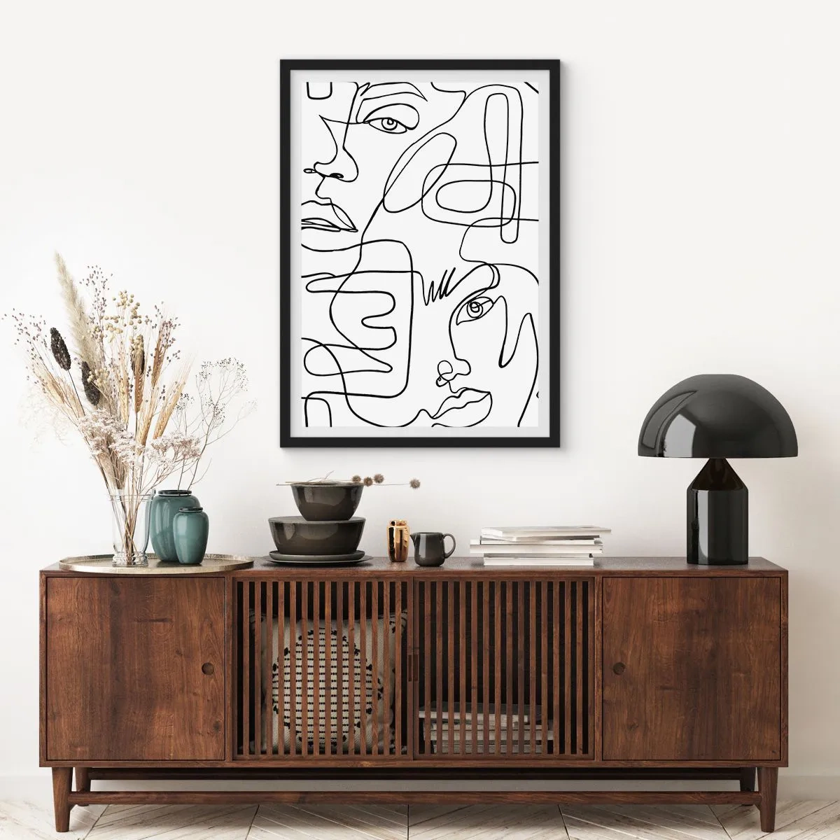 Poster in een zwarte lijst - Abstracte gezichten getekend met één lijn - 50x70cm - In verwarde emoties - Moderne wanddecoratie voor woonkamer en slaapkamer ARTTOR