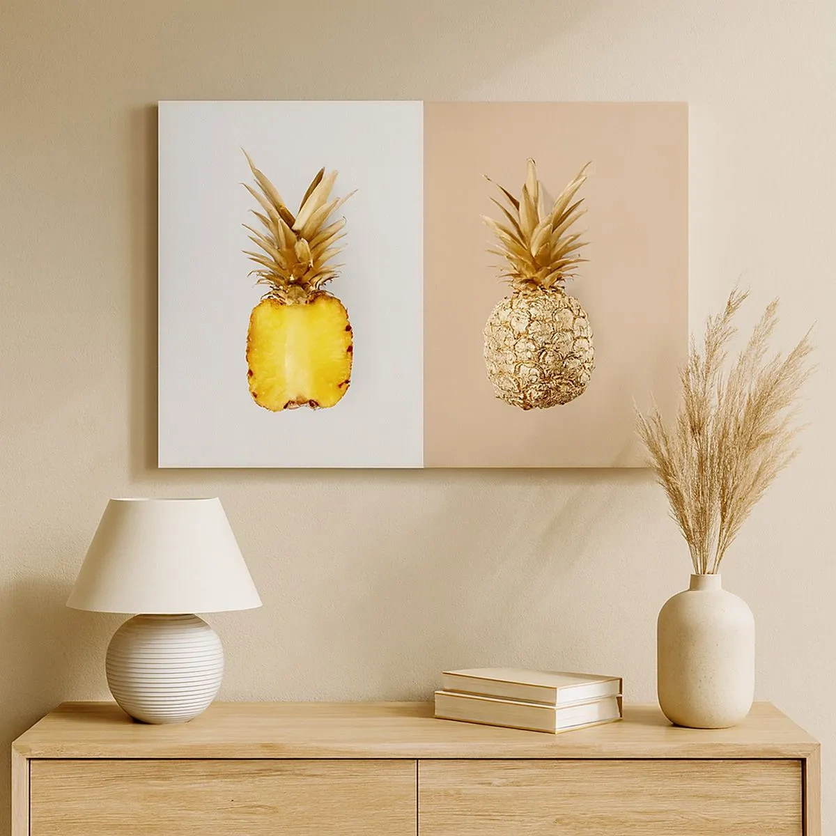 Schilderen op canvas - Een halve verse, goudgele ananas op een contrasterende achtergrond - 70x50cm - Ananas voor ons - Moderne wanddecoratie voor woonkamer en slaapkamer ARTTOR