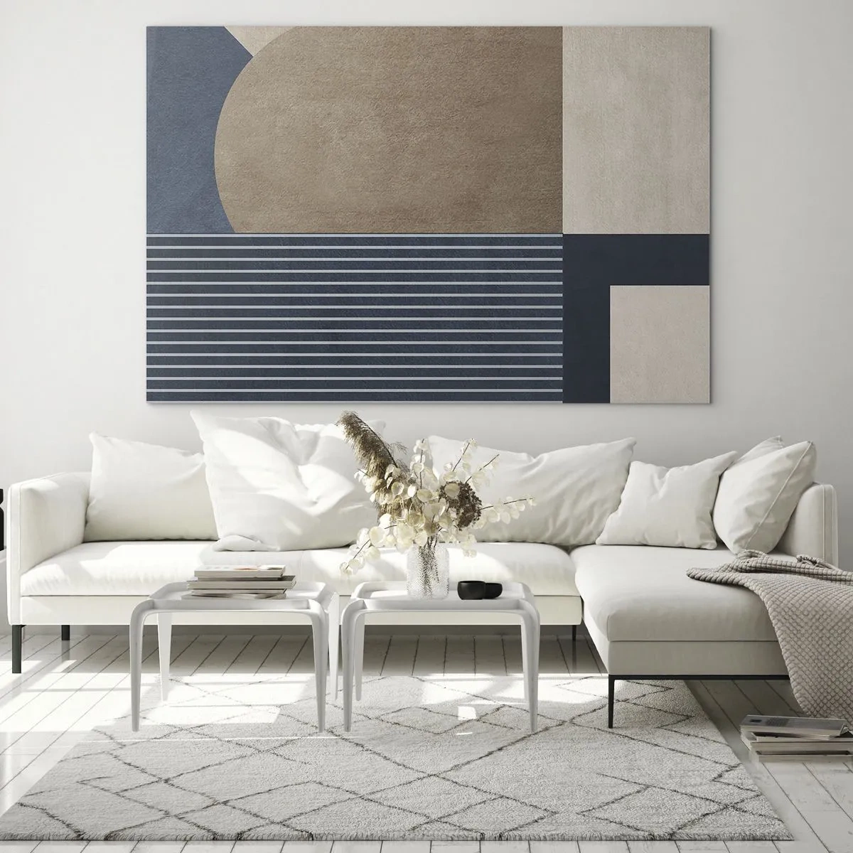 Schilderen op glas - Een minimalistische vorm met een cirkel en lijnen in beige - 70x50cm - Een compositie van eenvoud en rondheid - Moderne wanddecoratie voor woonkamer en slaapkamer ARTTOR