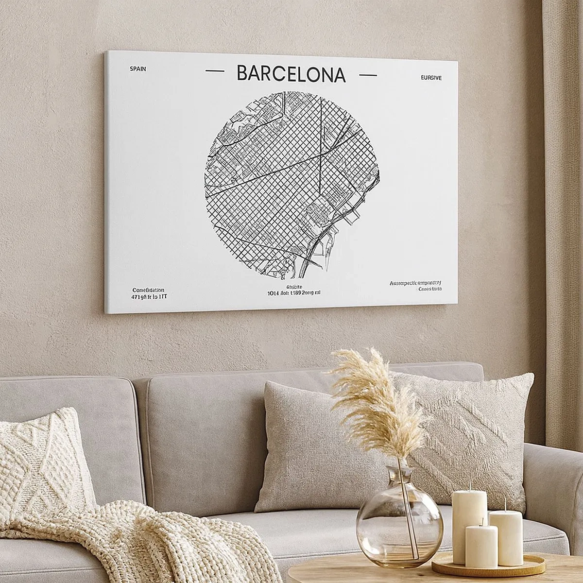 Schilderen op canvas - Een kaart van Barcelona in minimalistische zwart-witstijl - 70x50cm - Anatomie van Barcelona - Moderne wanddecoratie voor woonkamer en slaapkamer ARTTOR