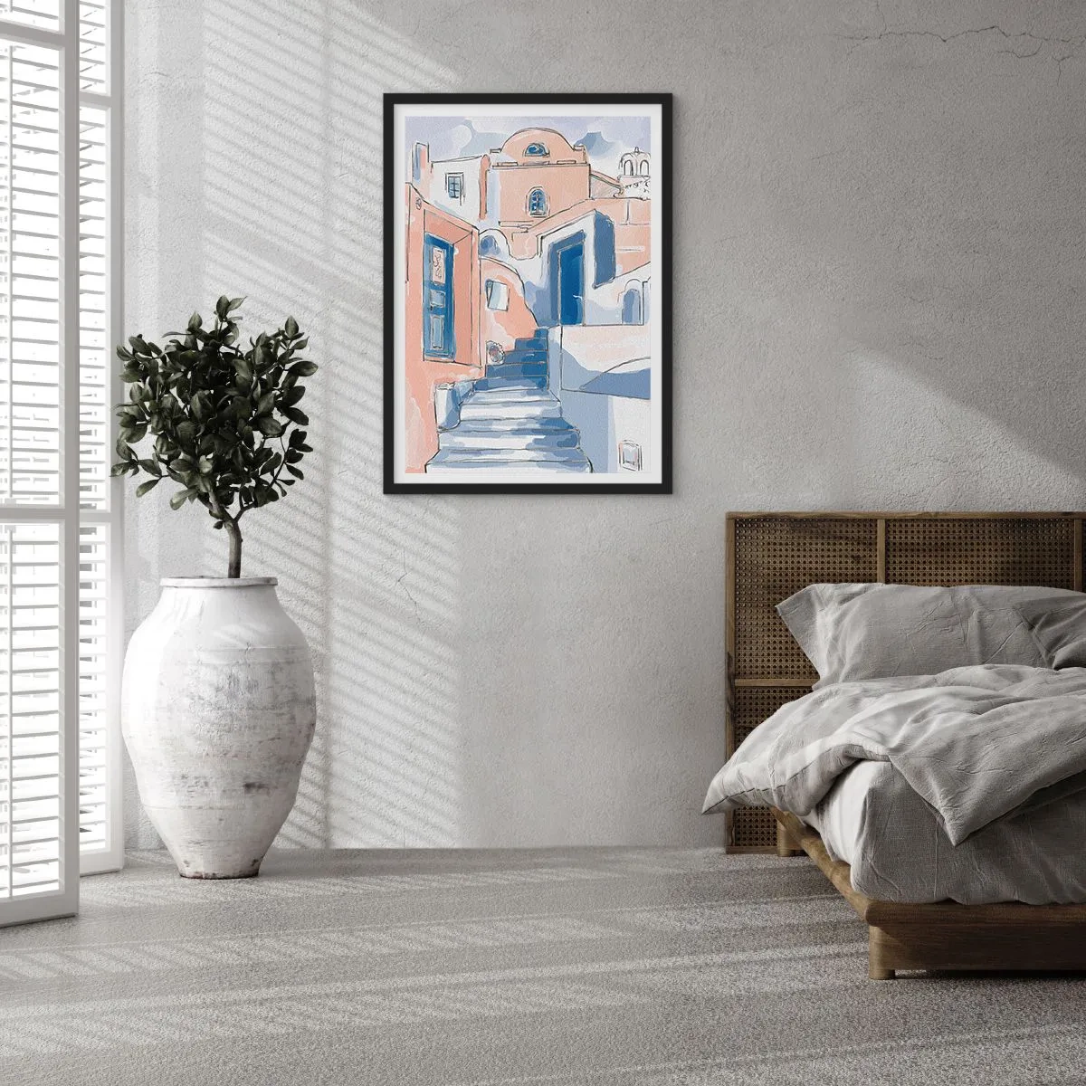 Poster in een zwarte lijst - Een pittoresk straatje in mediterrane stijl in blauwtinten - 50x70cm - Exotische stad - Moderne wanddecoratie voor woonkamer en slaapkamer ARTTOR