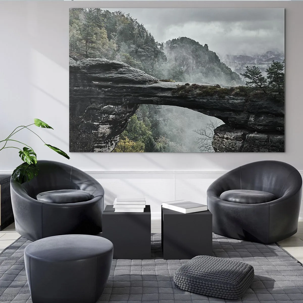 Schilderen op glas - Een stenen brug tussen mistige bergen en een boslandschap - 70x50cm - Het avontuur gaat beginnen - Moderne wanddecoratie voor woonkamer en slaapkamer ARTTOR