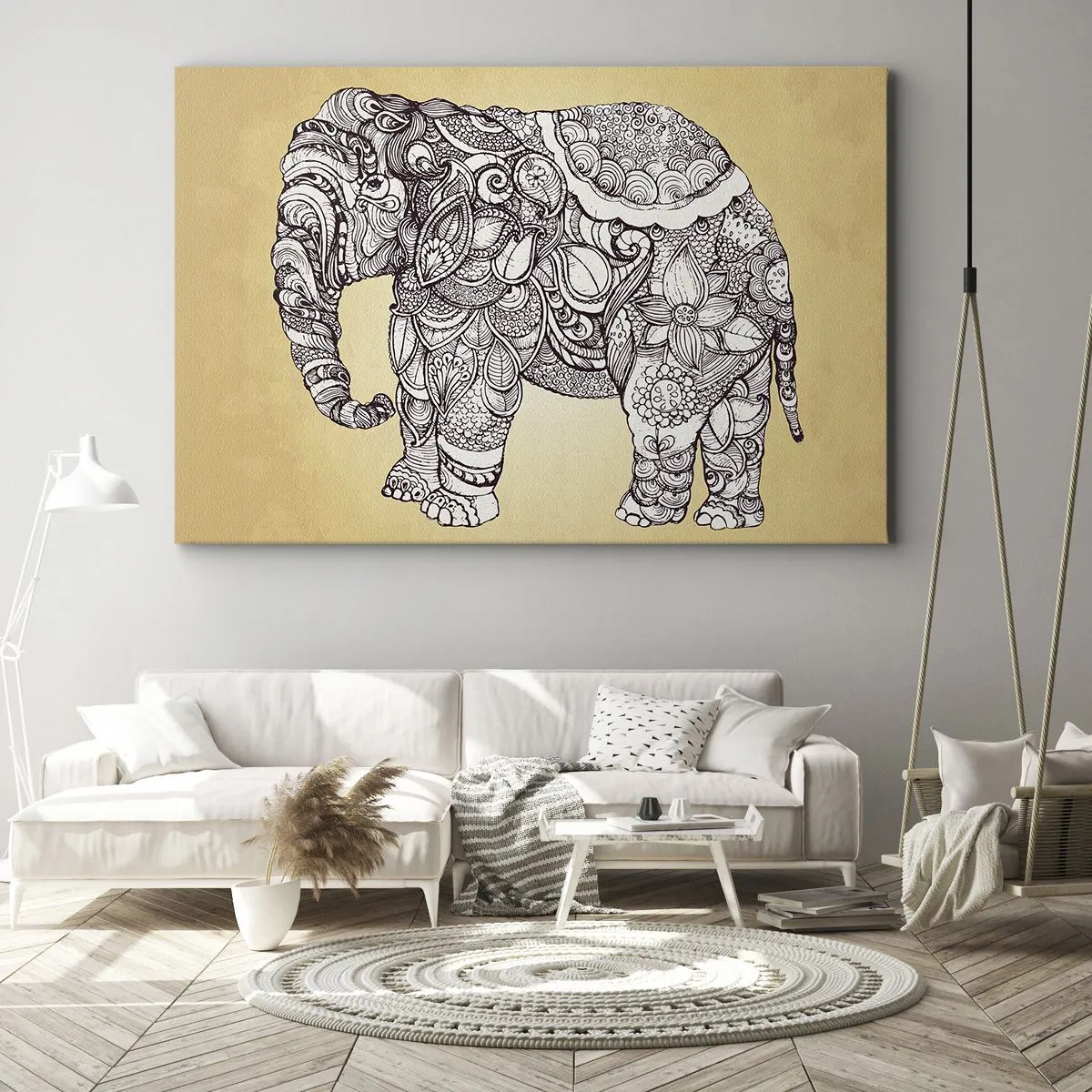 Schilderen op canvas - Handgetekende olifant met een sierlijk patroon op een beige achtergrond - 70x50cm - De olifant heeft zichzelf bedekt - Moderne wanddecoratie voor woonkamer en slaapkamer ARTTOR